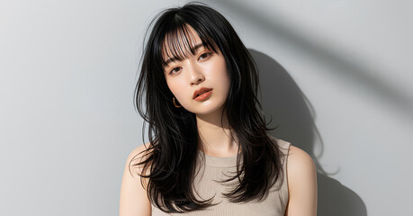 おしゃれなカットモデル女性の自然光ポートレート (Soft Radiance Portrait Series)	