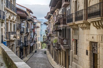 Street in Historic Old Town, Traditional Basque Architecture, Cobblestone Road, Hondarribia, Gipuzkoa, Spain