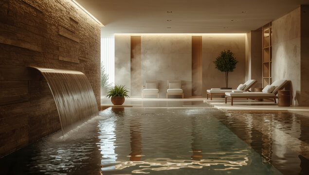 Serene hotel spa interior with indoor pool, waterfall feature, lounge chairs and ambient lighting