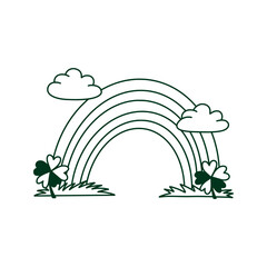 Fototapeta premium Hand drawn green rainbow with shamrocks, clovers and clouds. Minimalist St. Patrick's Day line art illustration for festive design and greeting cards. Doodle Irish rainbow.