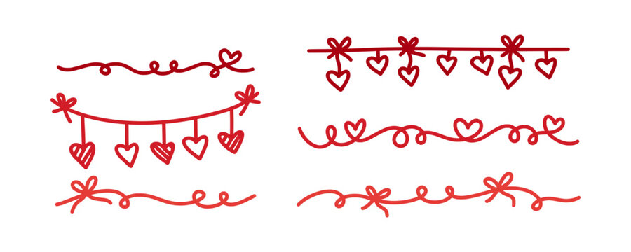 Red line art set of romantic dividers, borders, and garlands with hearts and bows. Decorative hand-drawn elements for love letters and Valentine designs. Romantic doodle borders and dividers.