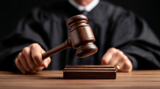 A judge is holding a gavel and standing in front of a wooden podium