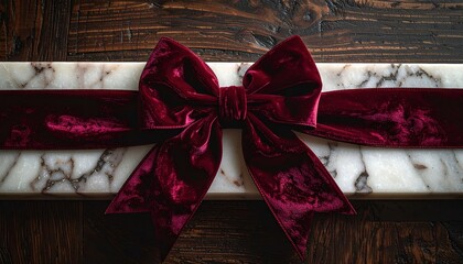 Luxurious deep red velvet ribbon bow tied elegantly on a marbled surface