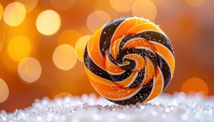 Orange and Black Striped Swirl Lollipop with Sparkling Sugar Dust on a Blurred Bokeh Background