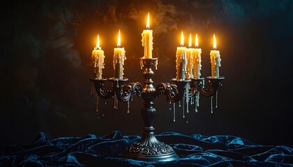 Ornate Antique Silver Candelabra with Dripping Wax Candles Illuminated in Gloomy Ambiance