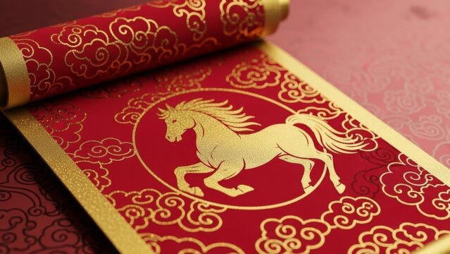 Golden horse on red scroll with clouds