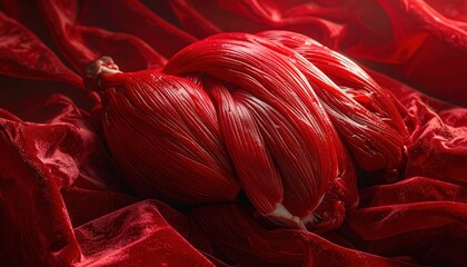 Scarlet Muscle Tissue with Gleaming Fibers Against a Deep Red Background