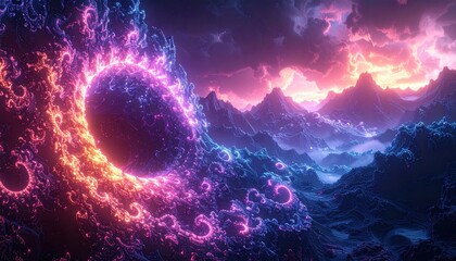 Vibrant cosmic fractal energy emerging from a glowing nebula landscape