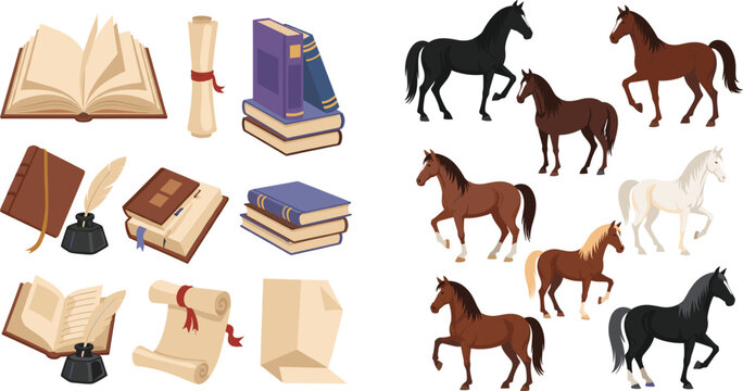 Books manuscripts and horse illustrations vector set with literature education scrolls and animal poses isolated
