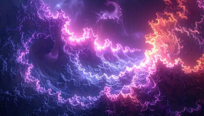 Vibrant Fractal Wave Patterns Emergence in Cosmic Nebula Displaying Energetic Purple Pink and Orange Hues