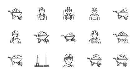 Construction Worker and Wheelbarrow Line Icons Set. Building Labor, Hard Hat, and Site Equipment Outline Symbols for UI/UX Design.