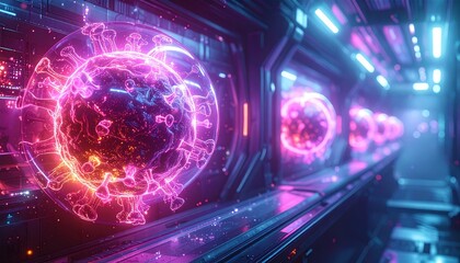 Vibrant holographic virus projections in a futuristic scientific laboratory, showcasing medical research and advanced technology