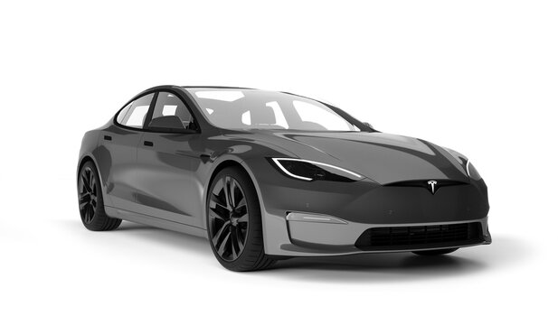 Kazakhstan, Almaty - January 25, 2026: Grey Tesla model S Plaid isolated on white background. 3d render