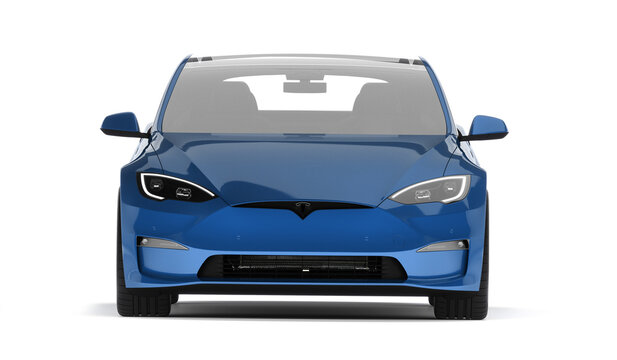 Kazakhstan, Almaty - January 25, 2026: Blue Tesla model S Plaid isolated on white background. 3d render