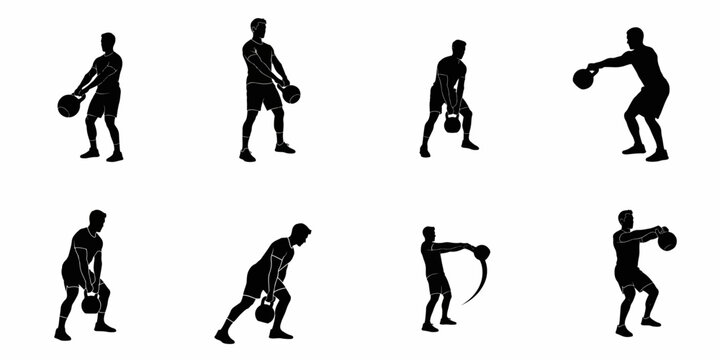 Man Kettlebell Swing Exercise Silhouettes Set. Fitness Workout Sequence Diagram. Weight Training Steps Vector Illustration.