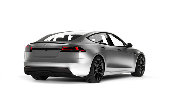Kazakhstan, Almaty - January 25, 2026: Grey Tesla model S Plaid isolated on white background. 3d render