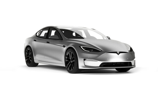 Kazakhstan, Almaty - January 25, 2026: Grey Tesla model S Plaid isolated on white background. 3d render