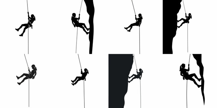 Eight vector silhouettes of a woman rappelling and abseiling down rocks and ropes, depicting extreme outdoor adventure sports.