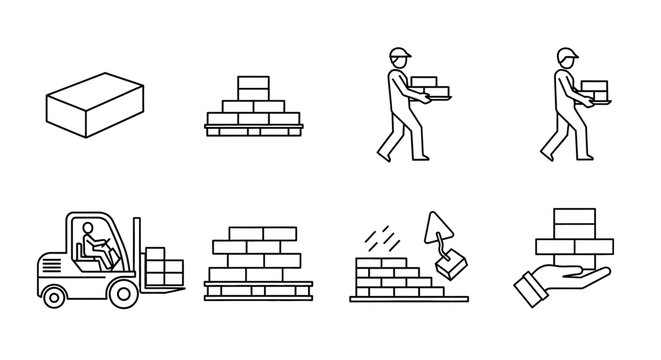 Brickwork and Construction Line Icons Set. Building Materials, Mason Worker, Forklift Logistics, and Wall Laying Outline Pictograms.
