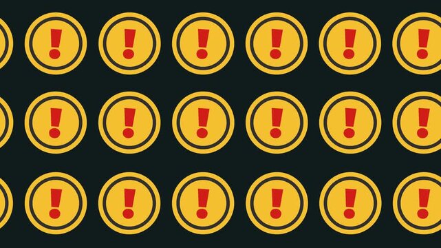 Seamless warning pattern with red exclamation mark icons on a tile background animation. Horizontal safety banner with yellow caution alert symbols. Flat design notification pattern. Seamless looping.