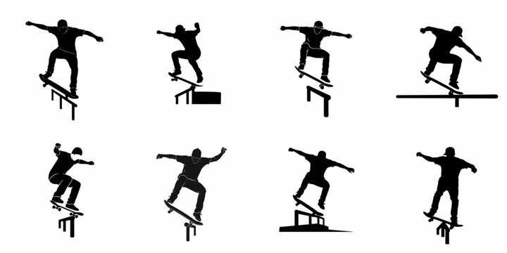 Collection of Skateboarder Silhouettes Performing Rail Grinds and Tricks. Vector Graphics of Extreme Sport Athletes in Action.