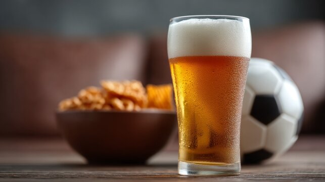 A glass of beer is on a table next to a bowl of chips and a soccer ball