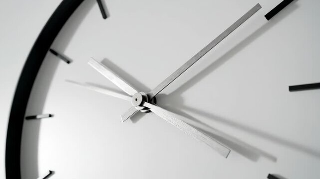 Minimalist Wall Clock Close-Up - A close-up video shows a modern, minimalist wall clock with a white background and silver hands.