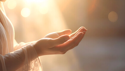 Woman holding something in her hand with sunlight shining.