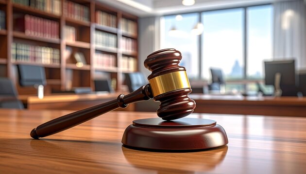A gavel on a wooden desk in a courtroom