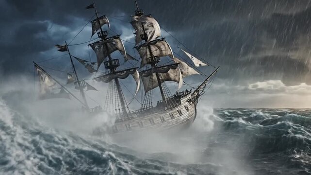 A colossal ship battles towering waves as storm spray coats torn sails and braced masts amid roar!!