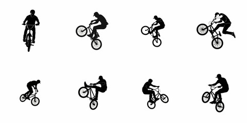 Obraz premium Set of BMX rider silhouettes performing extreme cycling tricks, including manuals and jumps, isolated black and white vector icons.