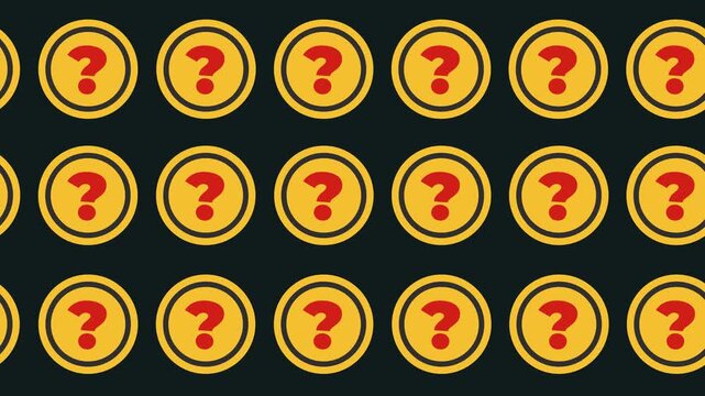 Seamless support pattern with red question mark icons on a tile background animation. Horizontal FAQ banner with repeating yellow inquiry symbols. Flat design help desk and assistance wallpaper.