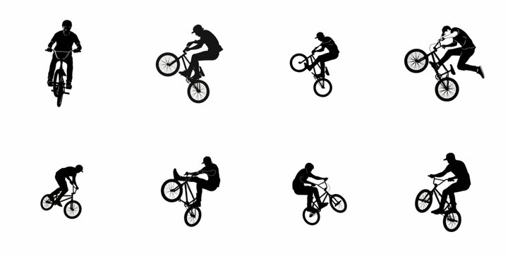 Set of BMX rider silhouettes performing extreme cycling tricks, including manuals and jumps, isolated black and white vector icons.