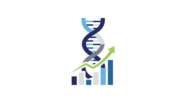 A graphic illustration depicts a DNA double helix intertwined with a rising bar graph and an upward-pointing arrow, symbolizing growth and scientific advancement on a clean white background.