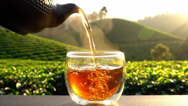 Warm Amber Tea Poured From Dark Cast Iron Teapot Into Clear Glass Mug Overlooking Lush Green Tea Plantation Sunrise