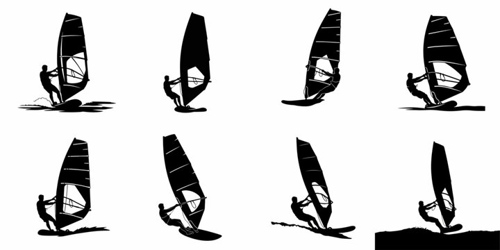 Set of eight dynamic windsurfing sport silhouettes, vector graphic illustration for extreme water activity designs.