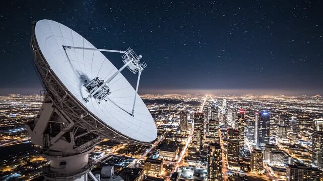 Massive satellite dish towers above a glittering night-city, stars overhead and electric glow, quiet