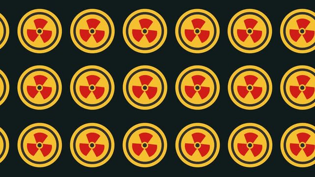 Seamless radioactive hazard pattern with red trefoil icons on a tile background animation. Horizontal nuclear safety banner with repeating yellow radiation wallpaper. Flat design toxic waste symbols.