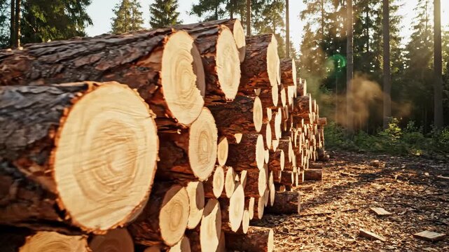 Stacked Pine Logs in a Forest - This video shows a large stack of freshly cut pine logs, neatly arranged in a forest area. The logs display visible tree rings and a rustic, natural aesthetic.