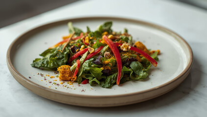 Fresh mixed green salad with roasted vegetable dollops and red pepper strips, bright and savory