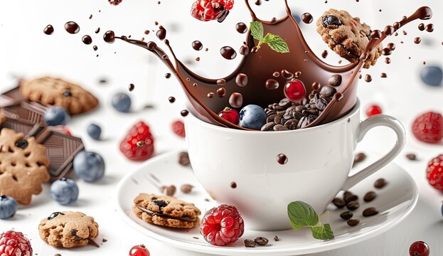 Chocolate Splashing In Cup With Berries, Cookies, Coffee Beans; Food Blog Concept