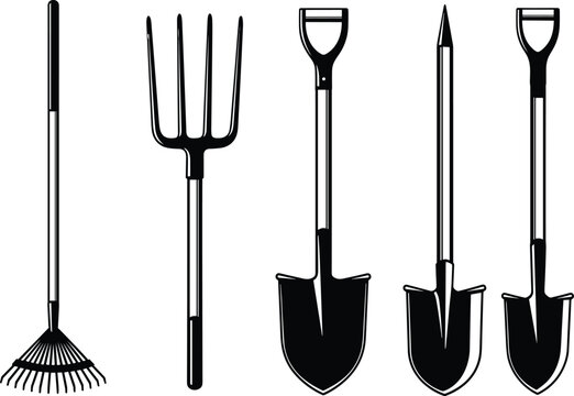 Garden tool icon set with black vector silhouettes of shovel rake pitchfork and spade for agriculture and landscaping