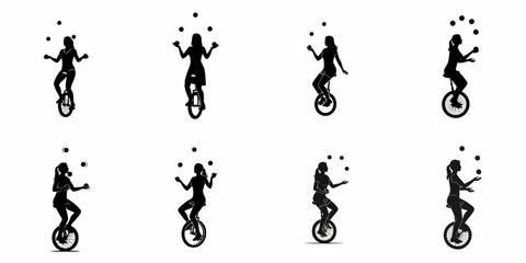 Collection of Black Silhouettes: Women Juggling Balls While Riding a Unicycle, Illustrating Circus Performance and Skill. © Nadya