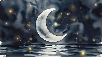 Naklejka premium Crescent Moon Over Reflective Water at Night with Bokeh Stars