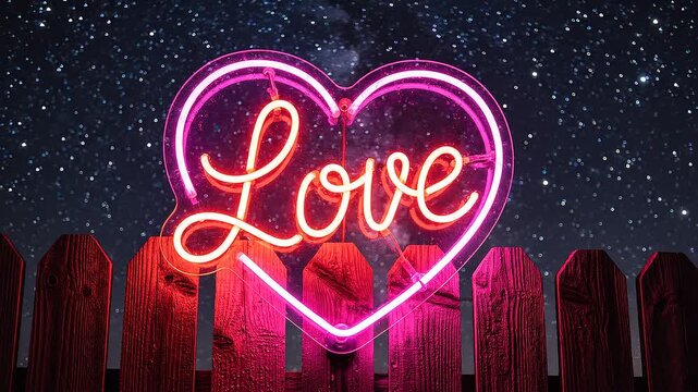 Romantic pink neon heart sign on a wooden fence under a starry night sky, expressing love and affection