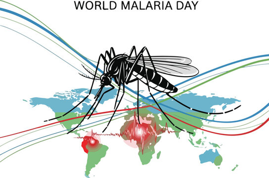 Vector illustration of a mosquito on a world map with colorful lines, highlighting World Malaria Day awareness. Perfect for health campaigns, educational materials, and public service