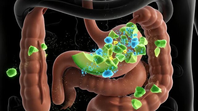 Human Digestive System with Avocado Illustration Showing Intestines Stomach and Esophagus on Black Background for