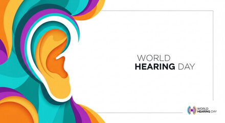 Vibrant colorful illustration of human ear for world hearing day awareness campaign with swirling patterns