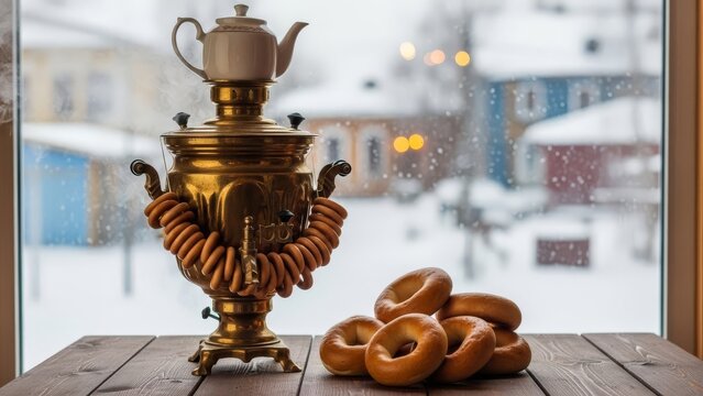 Traditional Russian Samovar with Bubliki and Teapot