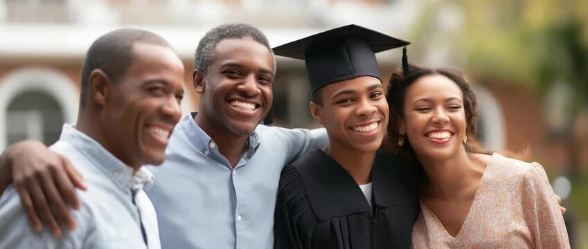 Proud family graduation celebration, love, support, and the celebration of academic achievement and family success.